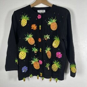 Jack B Quick Petite M Tropical Black Pineapple Palm Embellished Cardigan